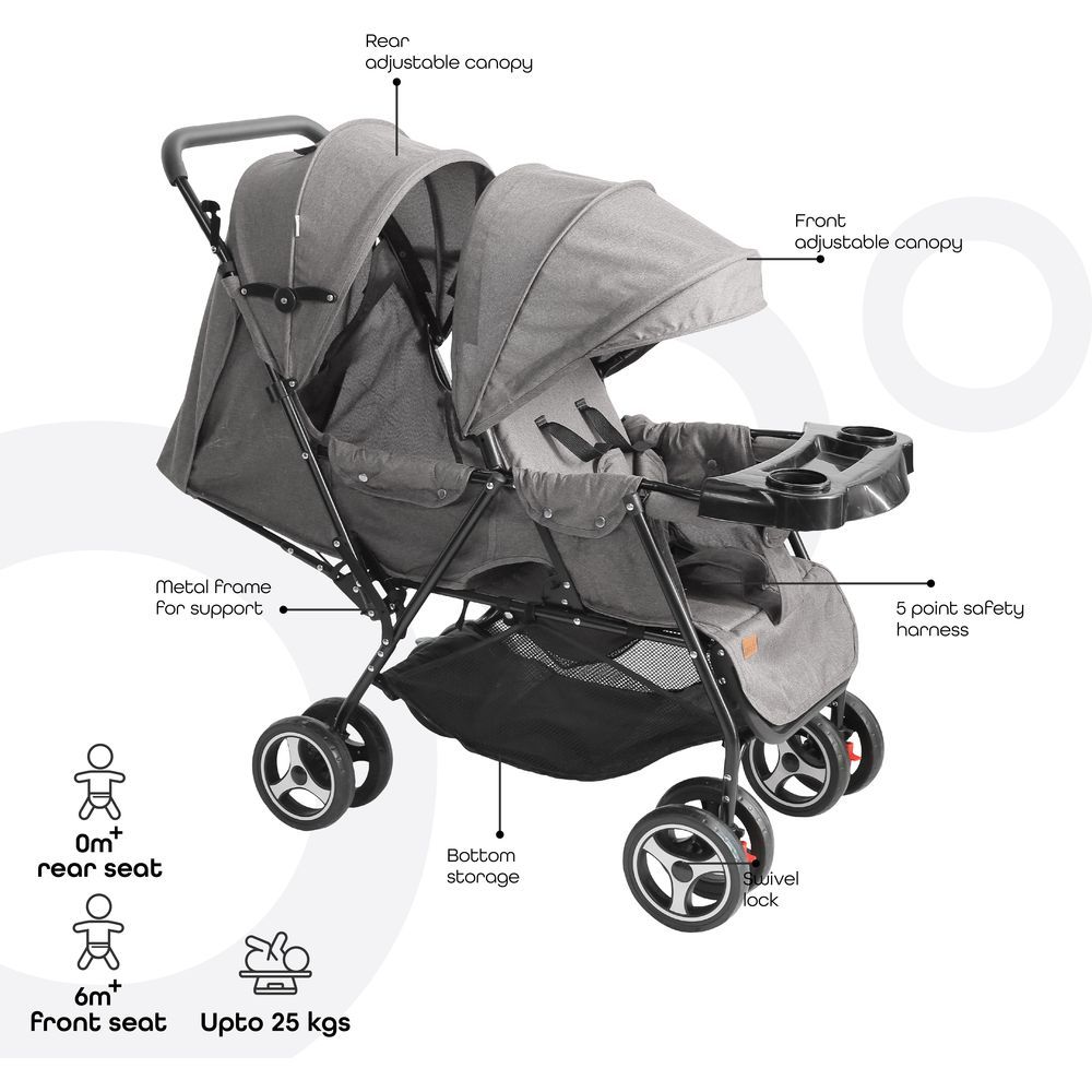 Moon - Magnum Tandem Easy Fold Twin Travel Stroller - Mid Grey