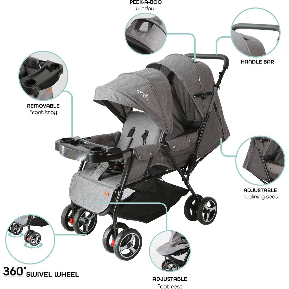 Moon - Magnum Tandem Easy Fold Twin Travel Stroller - Mid Grey