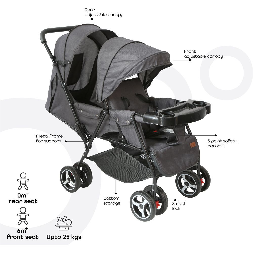 Moon - Magnum Tandem Easy Fold Twin Travel Stroller - Black + Grey dots