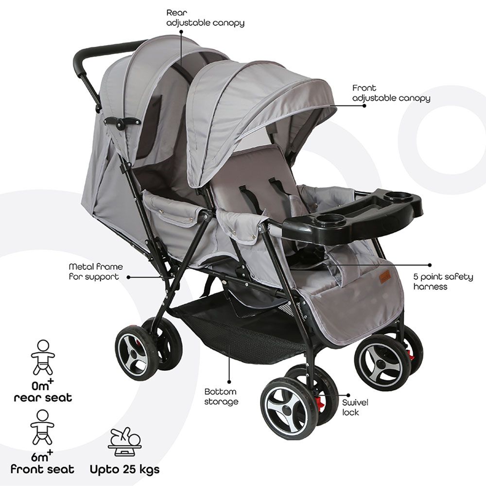 Moon - Magnum Tandem Easy Fold Twin Travel Stroller - Light Grey