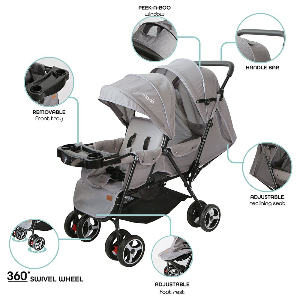 Moon - Magnum Tandem Easy Fold Twin Travel Stroller - Light Grey