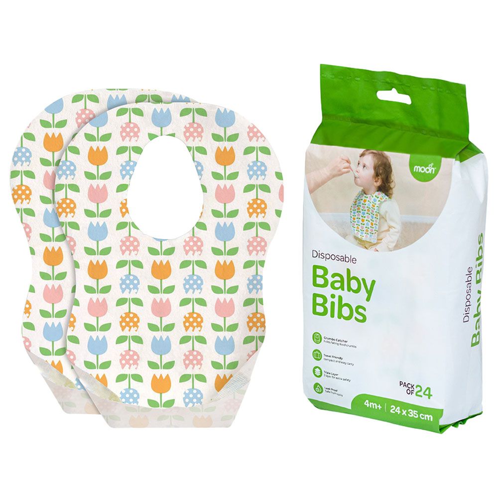 Moon - Disposable Baby Bibs 24x35cm - Flowers - 24pcs