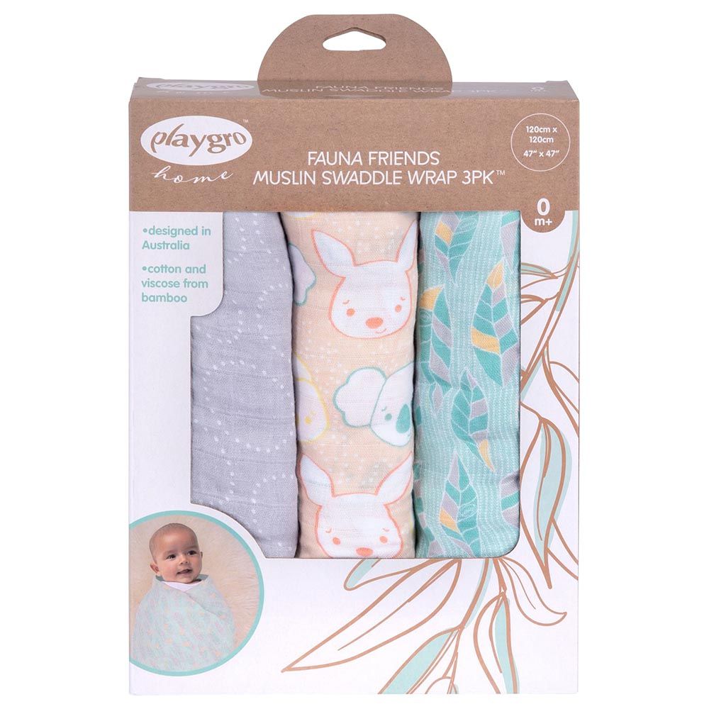 Playgro Home - Fauna Friends Muslin Swaddle Wrap - 3pcs