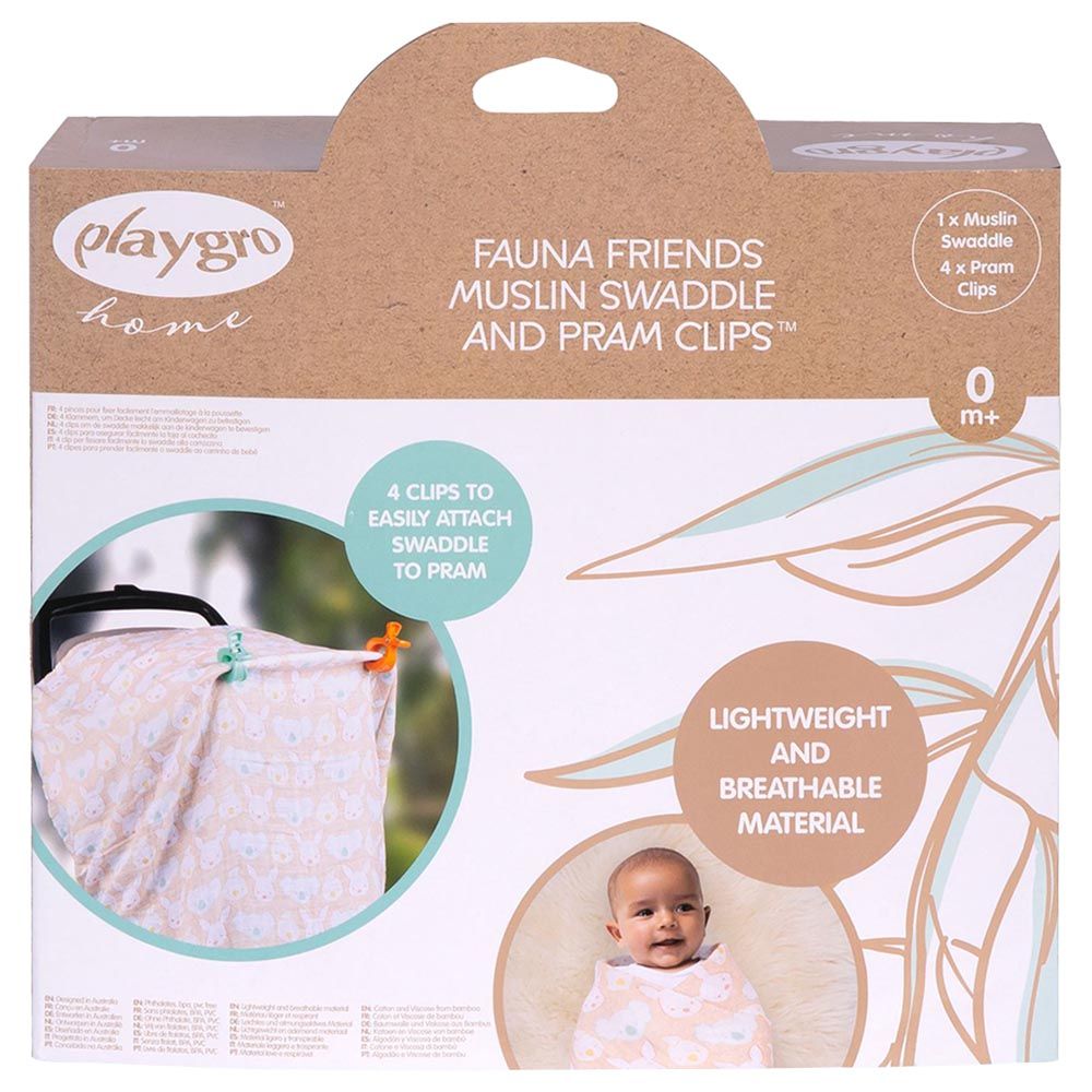 Playgro Home - Fauna Friends Muslin Swaddle & Pram Clips - 4pcs