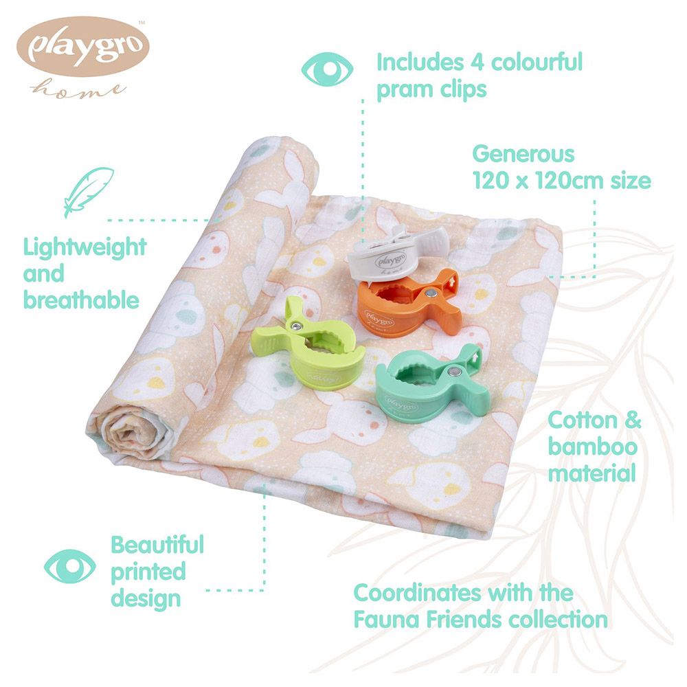 Playgro Home - Fauna Friends Muslin Swaddle & Pram Clips - 4pcs