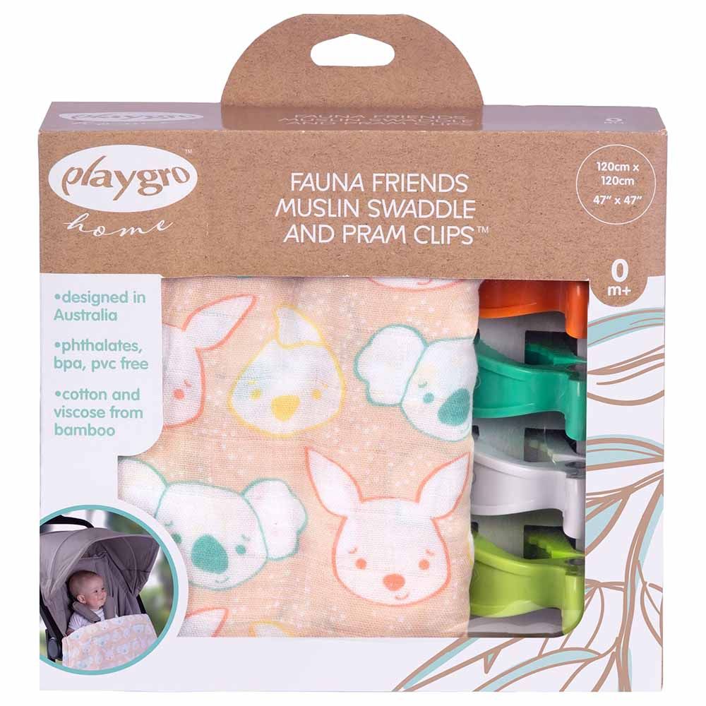 Playgro Home - Fauna Friends Muslin Swaddle & Pram Clips - 4pcs