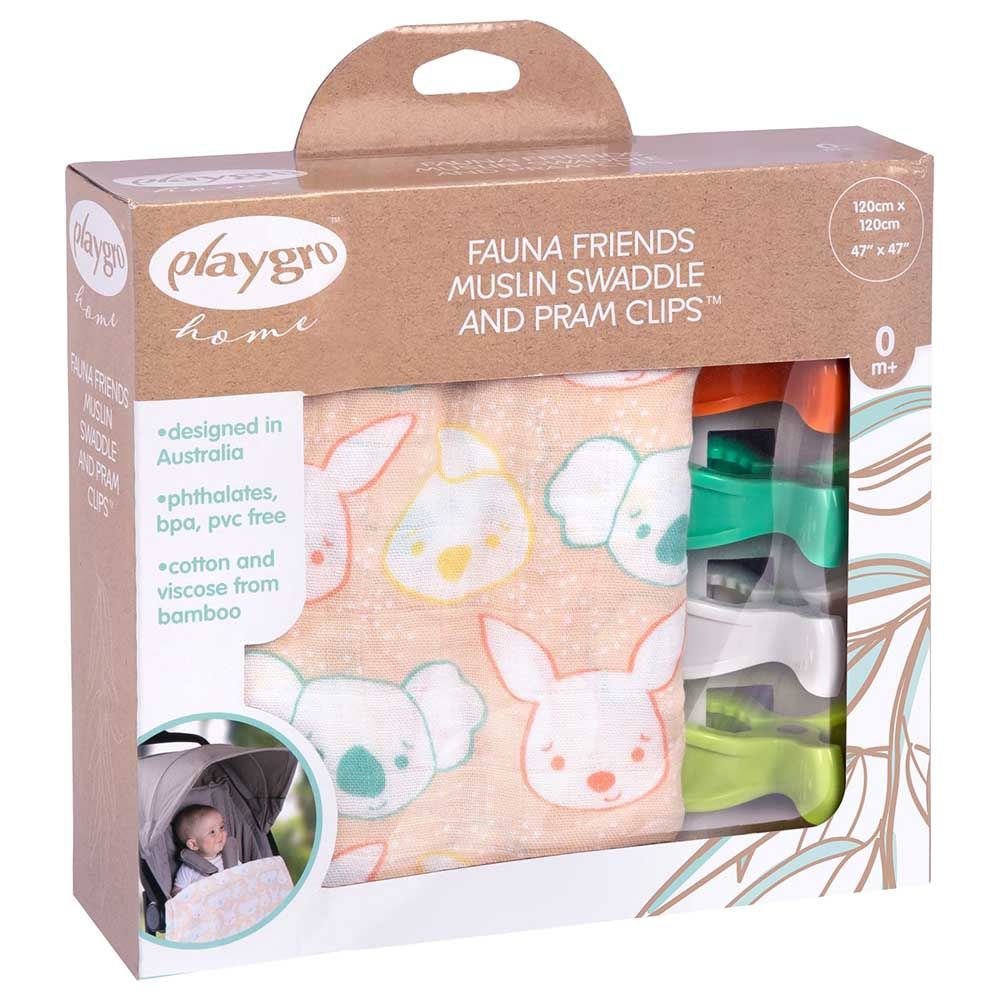 Playgro Home - Fauna Friends Muslin Swaddle & Pram Clips - 4pcs