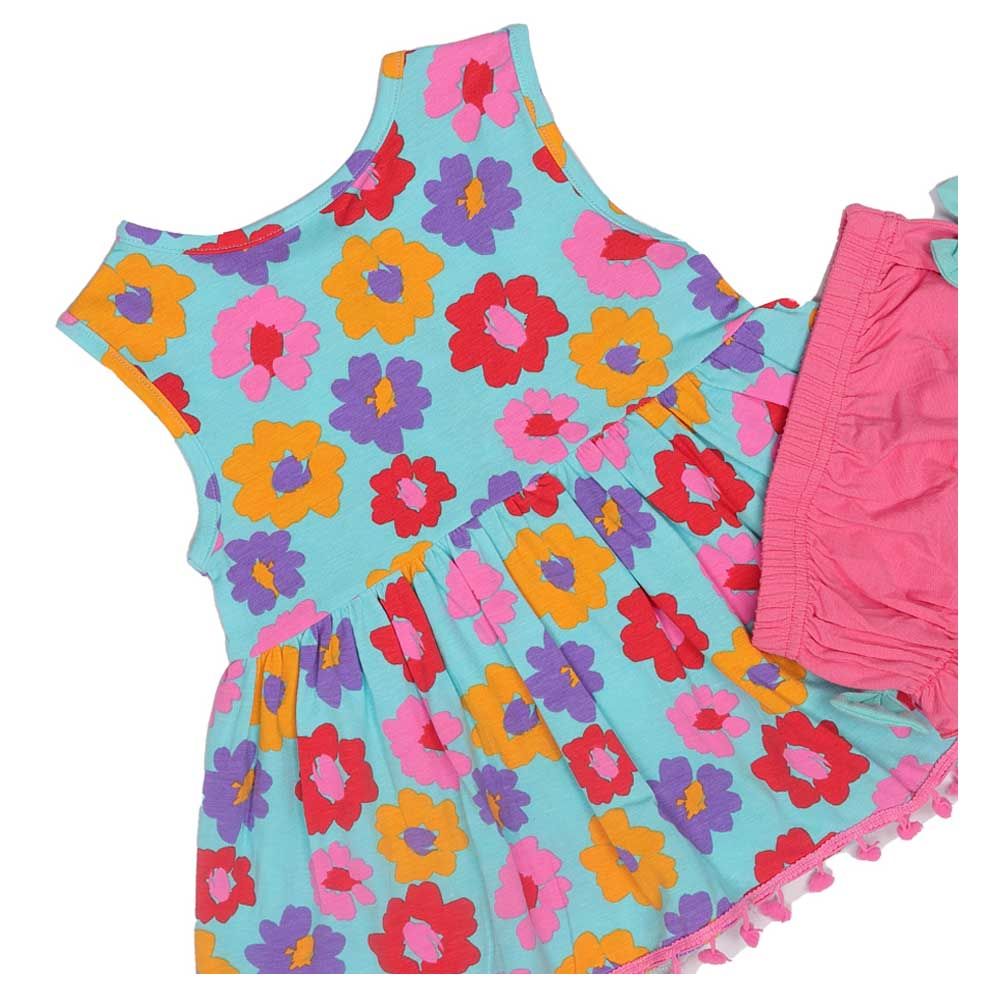 Aiko - Infants Floral Print Dress W/Bloomer - Blue