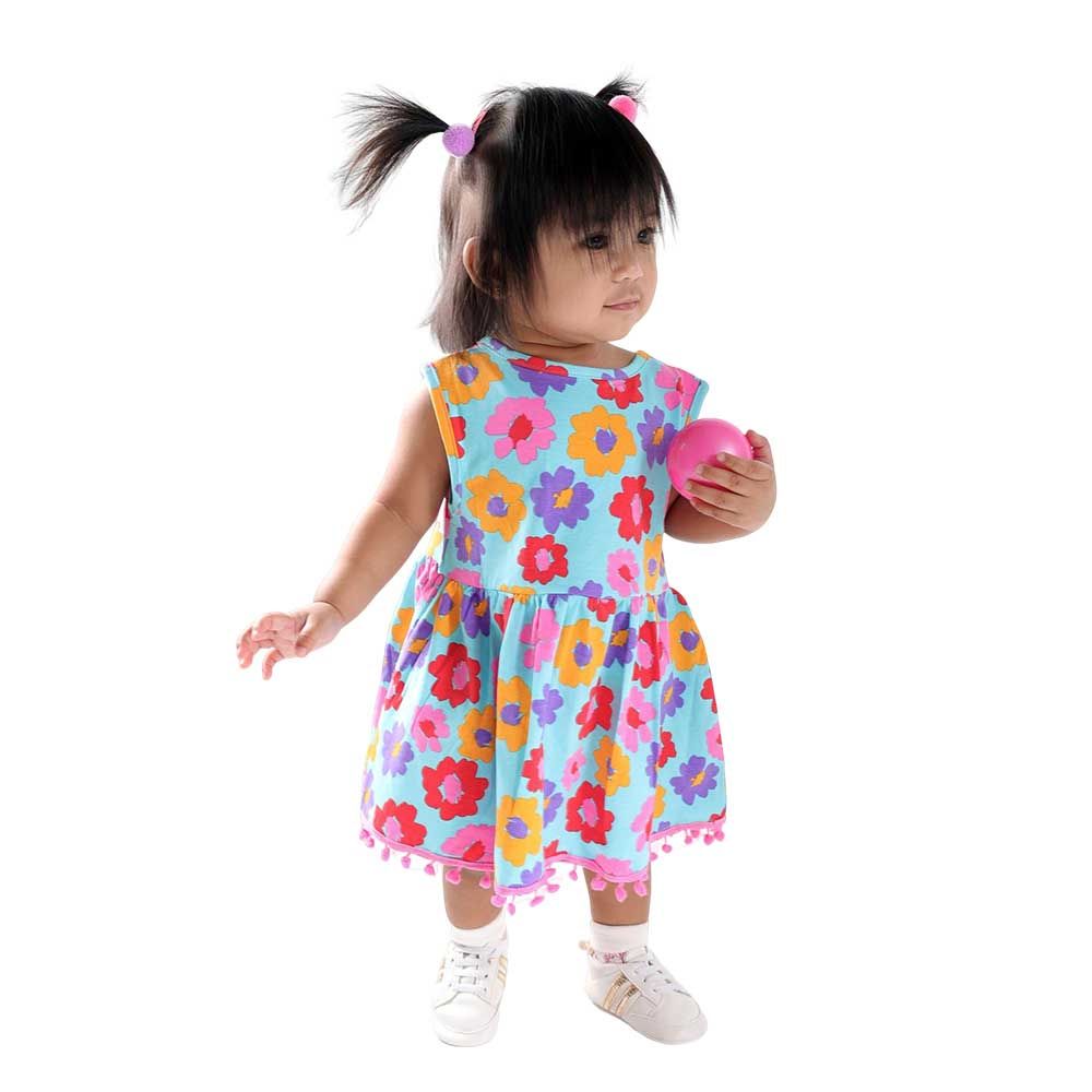 Aiko - Infants Floral Print Dress W/Bloomer - Blue