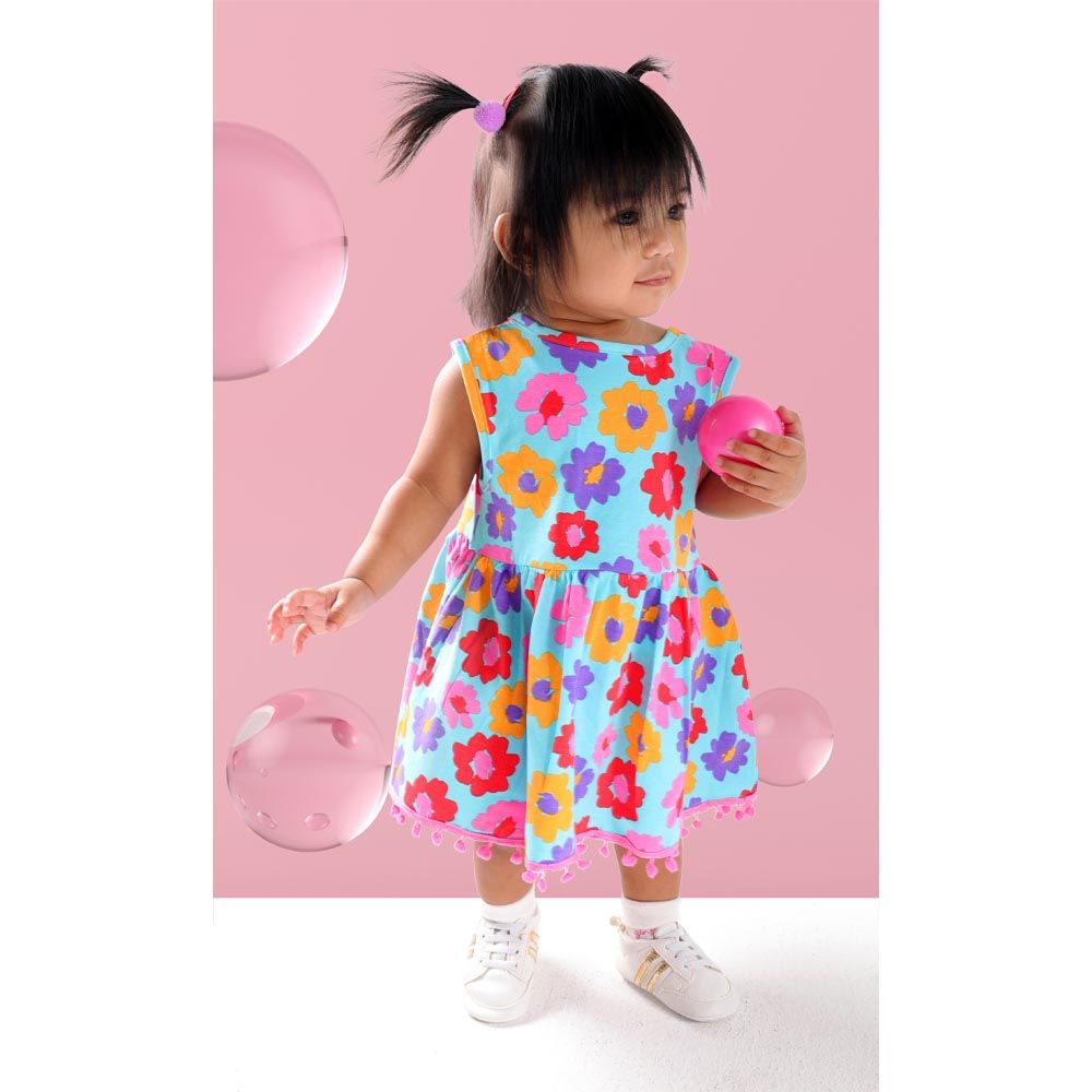 Aiko - Infants Floral Print Dress W/Bloomer - Blue