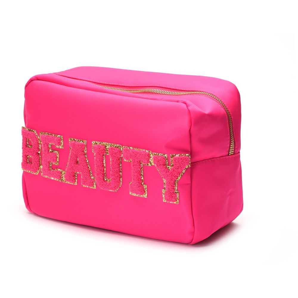 TheHappyTribe - Beauty Pouch W/ Pink Letters - Large - Neon Pink