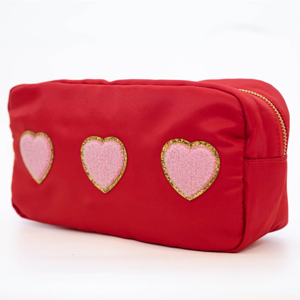 The Happy Tribe - Medium Pouch W/Pink Hearts - Red