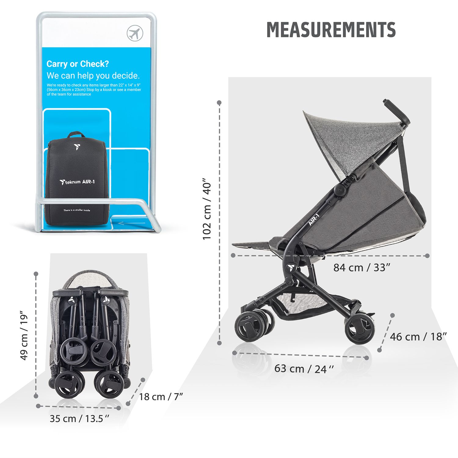 Teknum - Air 1 Travel Stroller w/ Carry Backpack - Grey