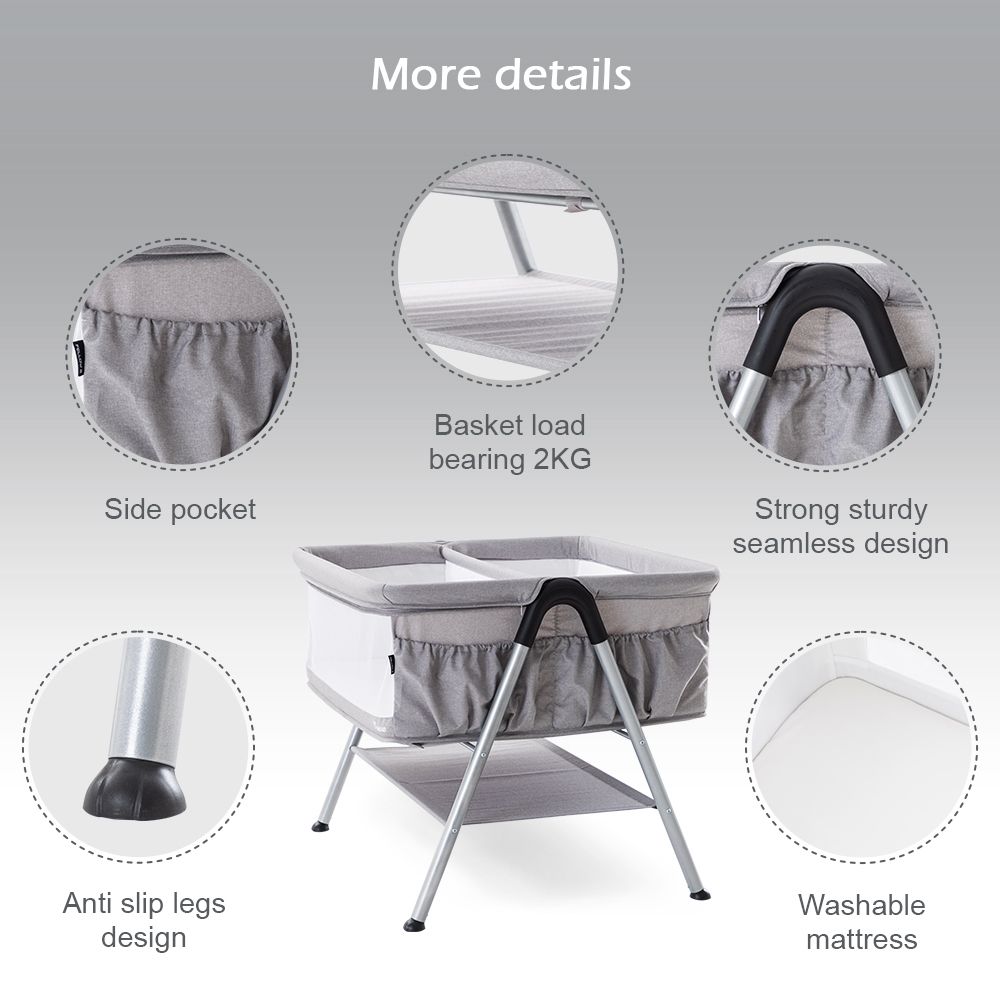 Teknum - Fellow 2 Twin Bedside Crib Bassinet - Grey