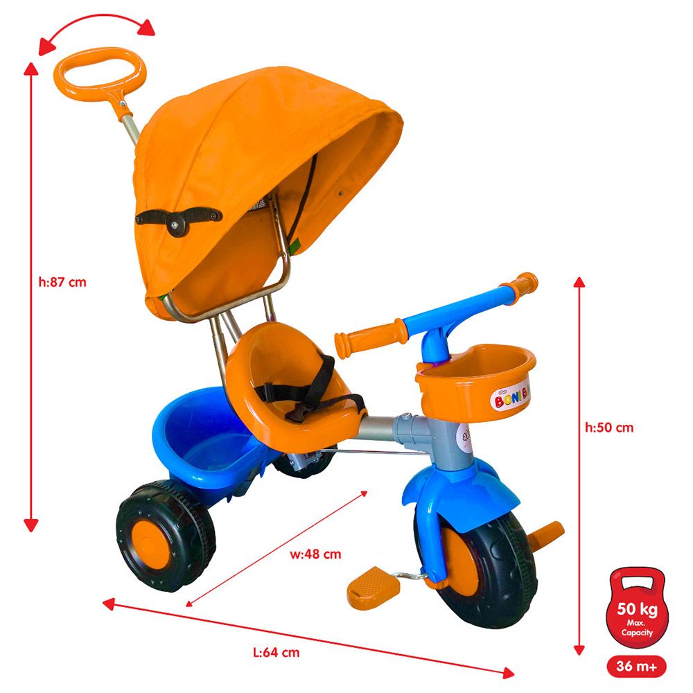 ألعاب أكار - دراجة ثلاثية العجلات بوني + مقبض ومظلة - برتقالي