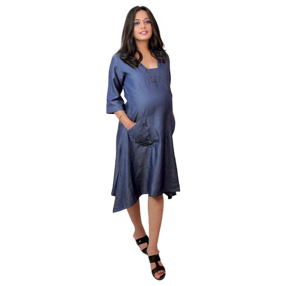 Tummy - Asymmetrical Maternity Dress w/ Side Pockets - Blue