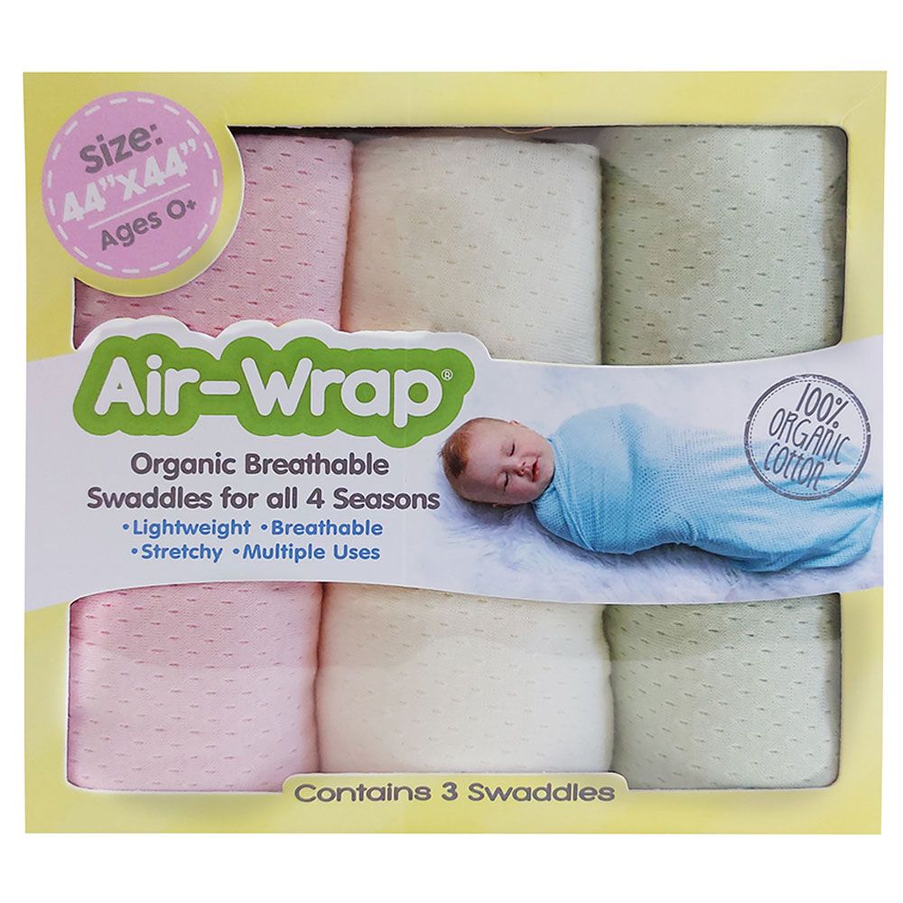 Woombie - Old Fashioned Air Wrap And Oraginc Swaddle 3 pcs - Pink, Cream, Green