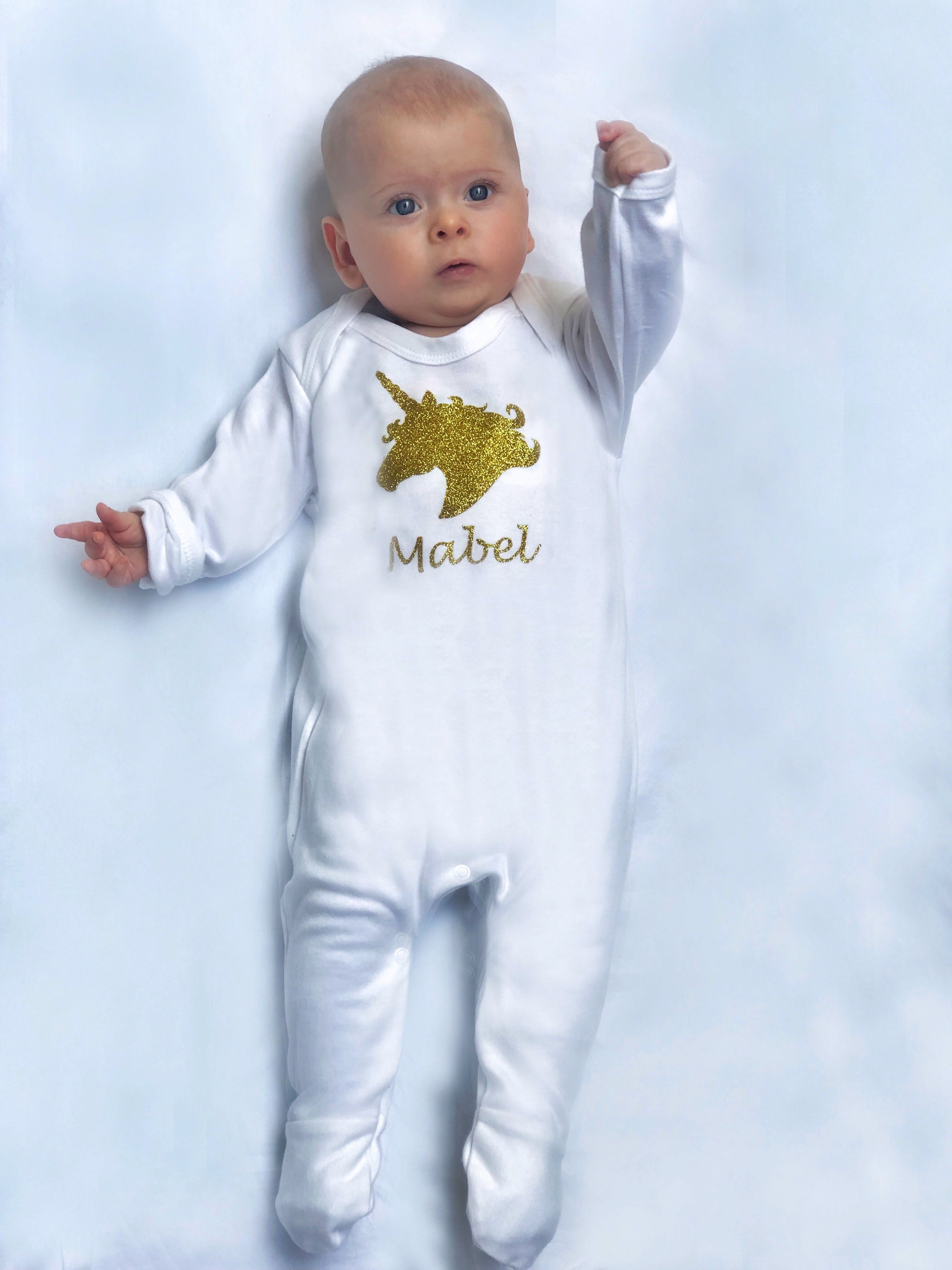 Mini Plum - Personalised Unicorn Sleepsuit - White