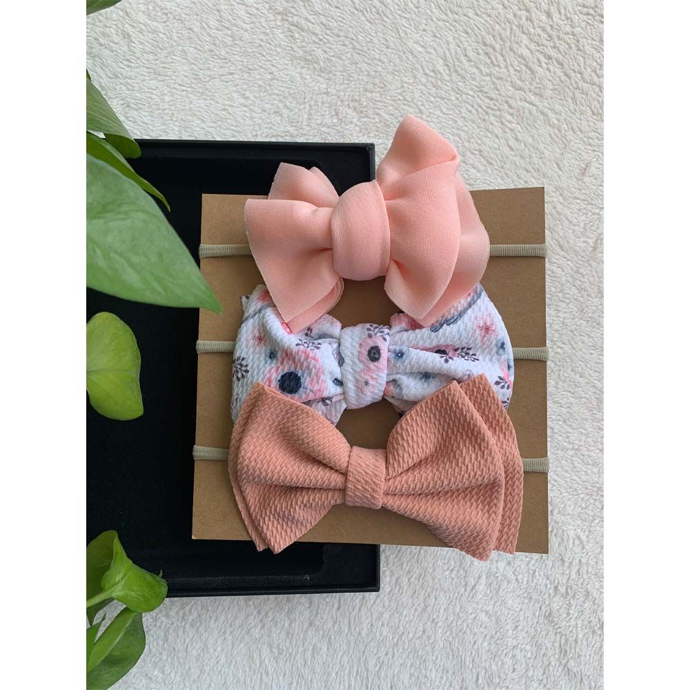 The Girl Cap - 3pc-Set - Solid & Printed Bow - Beige