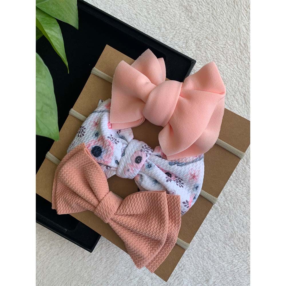 The Girl Cap - 3pc-Set - Solid & Printed Bow - Beige