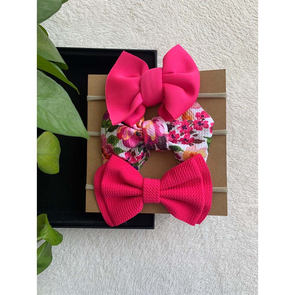 The Girl Cap - 3pc-Set - Solid & Printed Bow - Fuchsia Pink