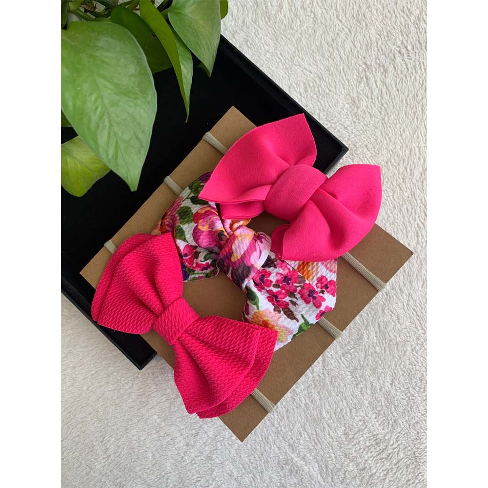 The Girl Cap - 3pc-Set - Solid & Printed Bow - Fuchsia Pink