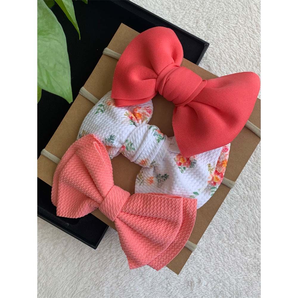 The Girl Cap - 3pc-Set - Solid & Printed Bow - Peach