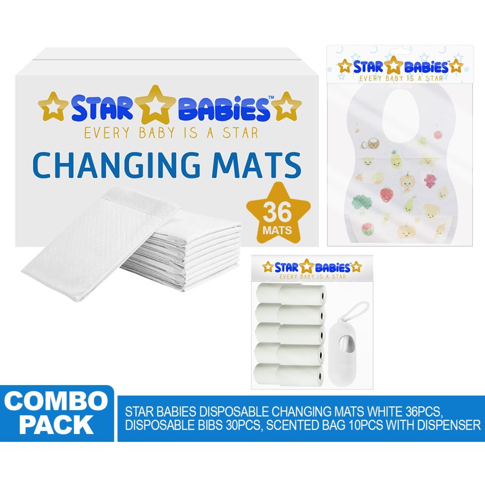 Star Babies - Changing Mats 36pcs, Bibs 30pcs and Scented Bag 10pcs W/ Refill - White