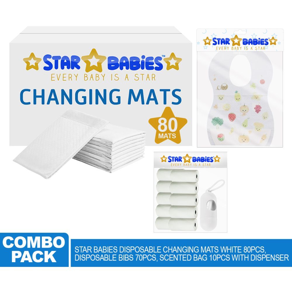 Star Babies - Changing Mats 80pcs, Bibs 70pcs and Scented Bag 10pcs W/ Refill - White