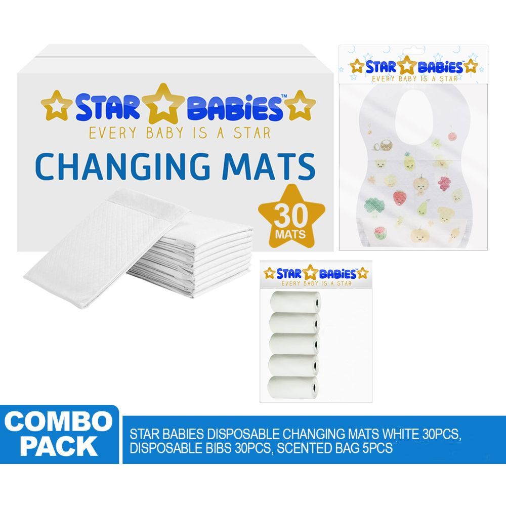 Star Babies - Changing Mats 30pcs, Bibs 30pcs and Scented Bag 5pcs - White