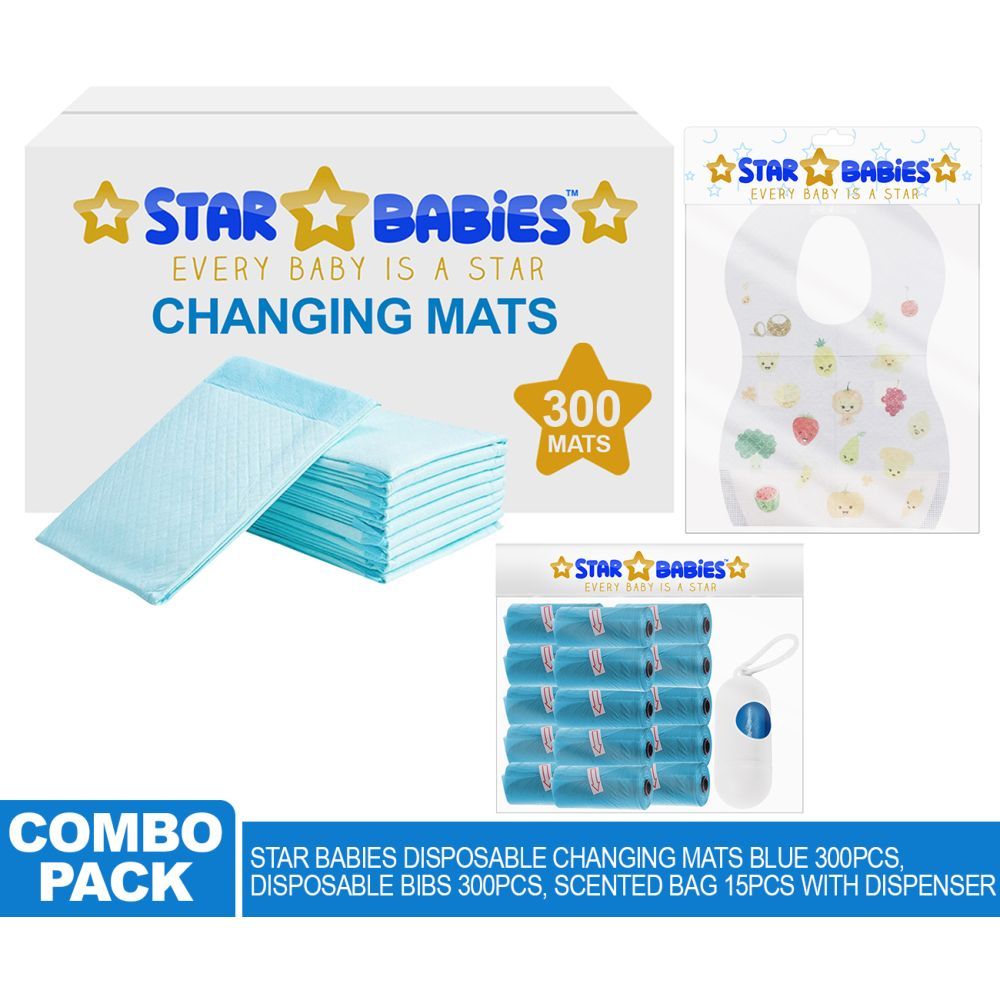 Star Babies - Changing Mats 300pcs, Bibs 300pcs and Scented Bag 15pcs W/ Refill - Blue