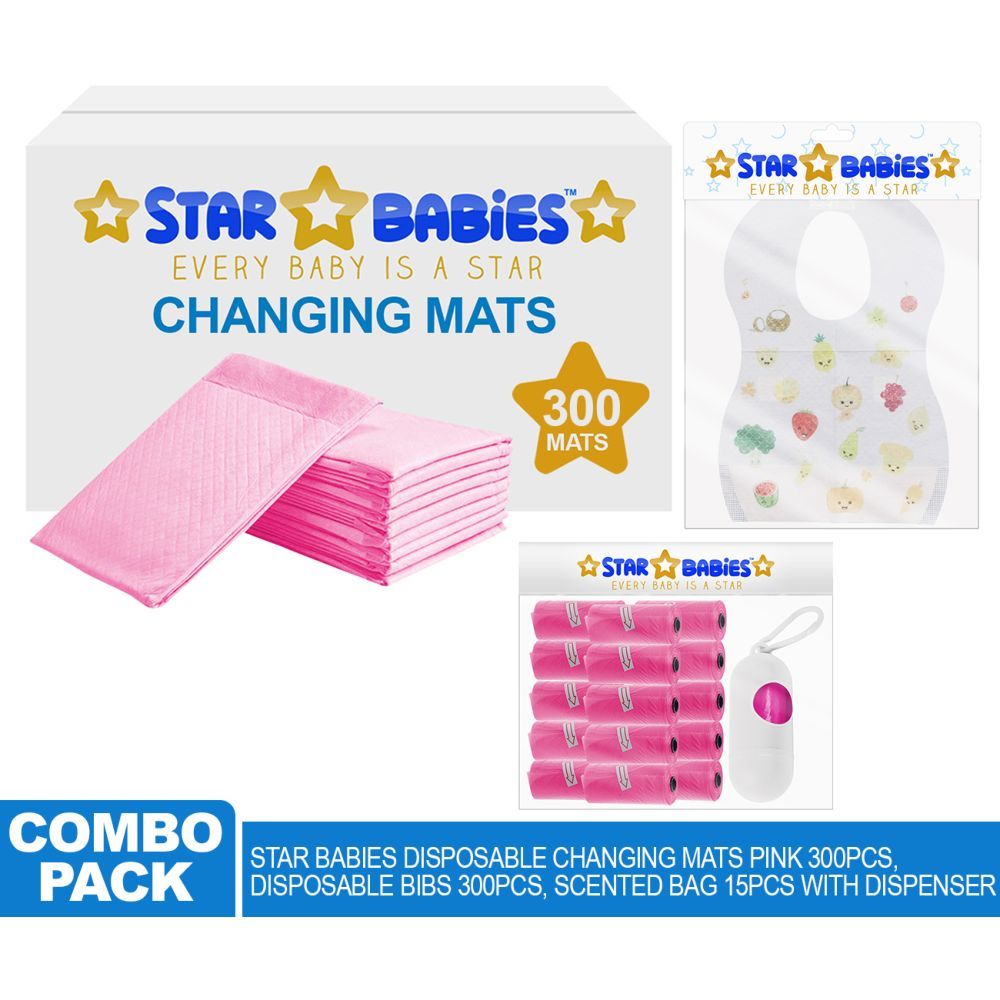 Star Babies - Changing Mats 300pcs, Bibs 300pcs and Scented Bag 15pcs W/ Refill - Pink