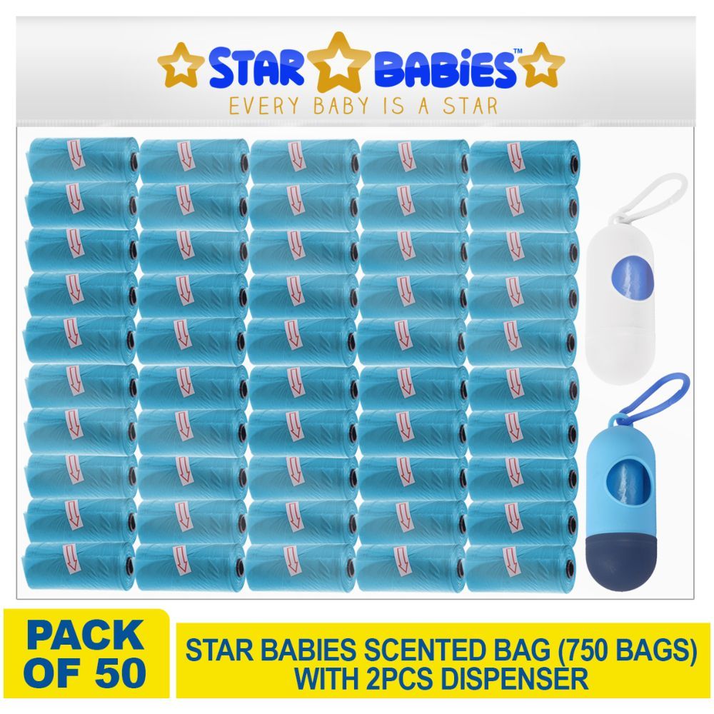 Star Babies - Scented Bag Roll - Pack of 50/750 Bags w/ 2 Dispenser - Blue