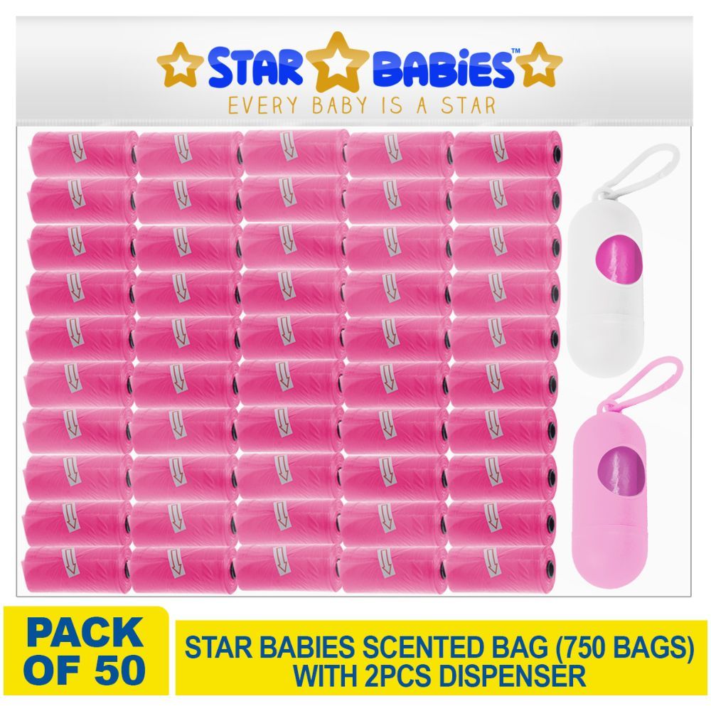 Star Babies - Scented Bag Roll - Pack of 50/750 Bags w/ 2 Dispenser - Pink