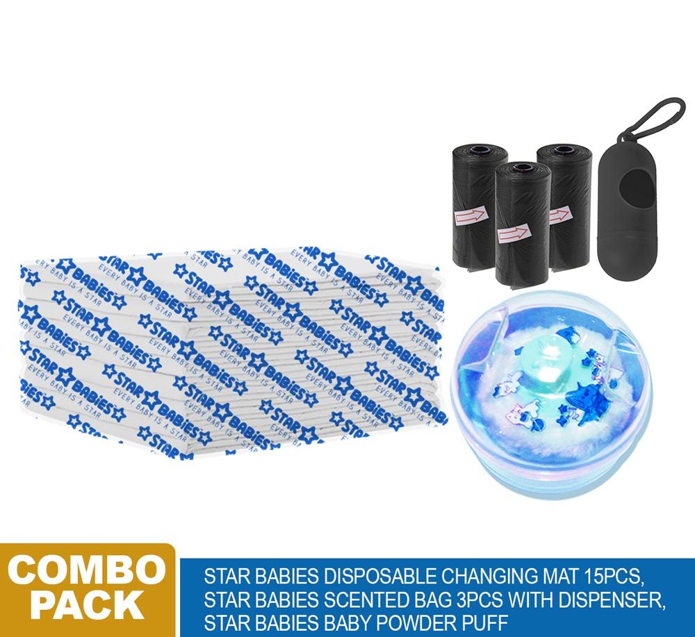 Star Babies - Combo - Disposable Changing Mat 15pcs + Scented Bag 3pcs + Powder Puff + Dispenser