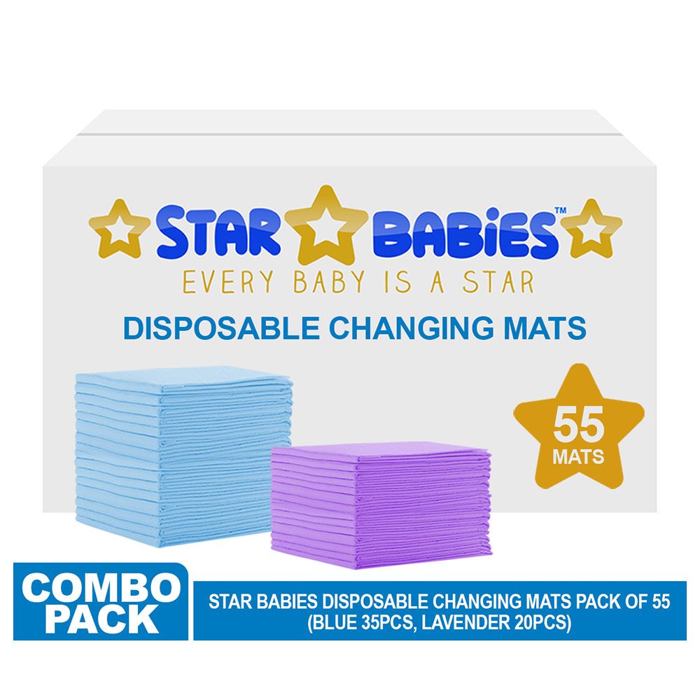 Star Babies - Disposable Changing mats (45x60cm) Large, Pack of 55 - Blue/Lavender