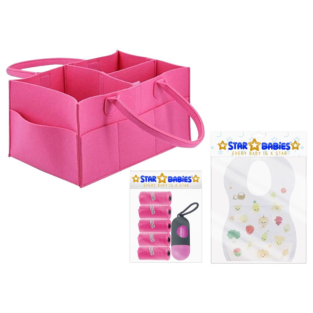 Star Babies - Diaper Caddy Organizer w/ Scented Bag Dispenser & Disposable Bibs - Pink