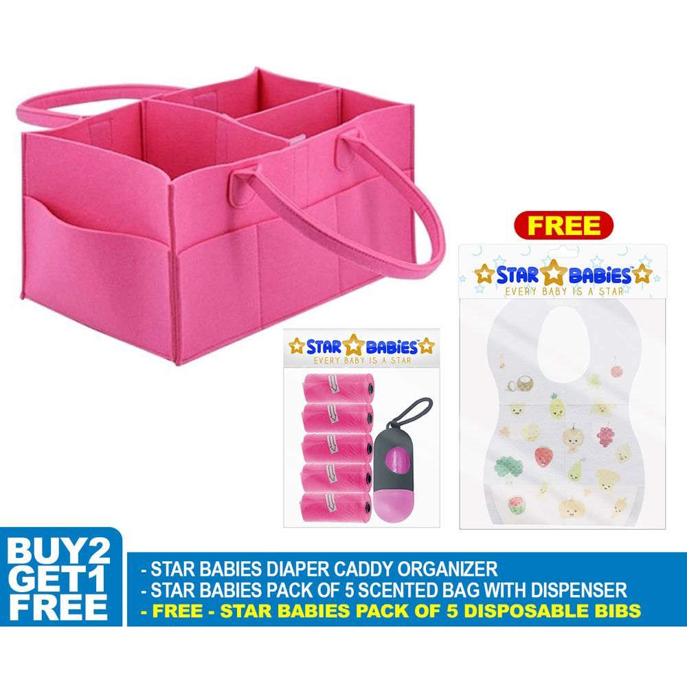 Star Babies - Diaper Caddy Organizer w/ Scented Bag Dispenser & Disposable Bibs - Pink