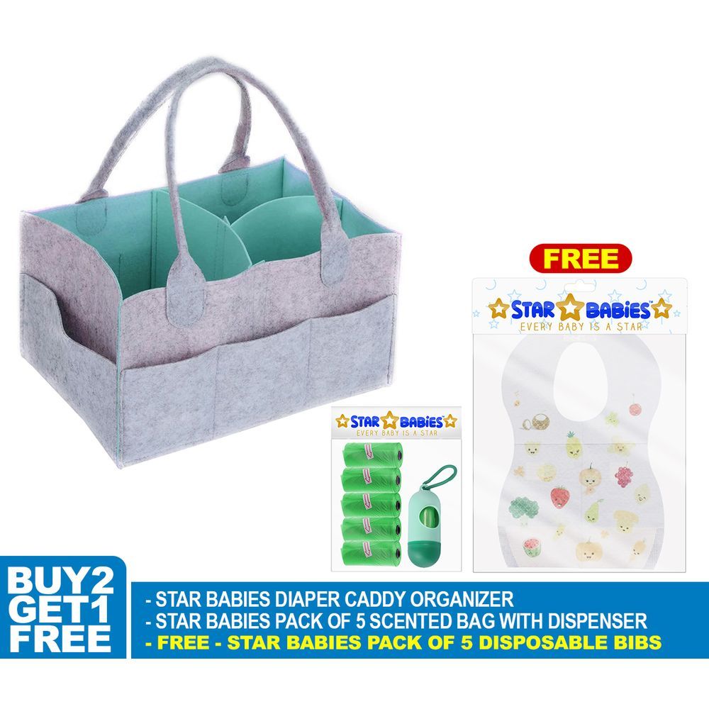 Star Babies - Diaper Caddy Organizer w/ Scented Bag Dispenser & Disposable Bibs - Grey