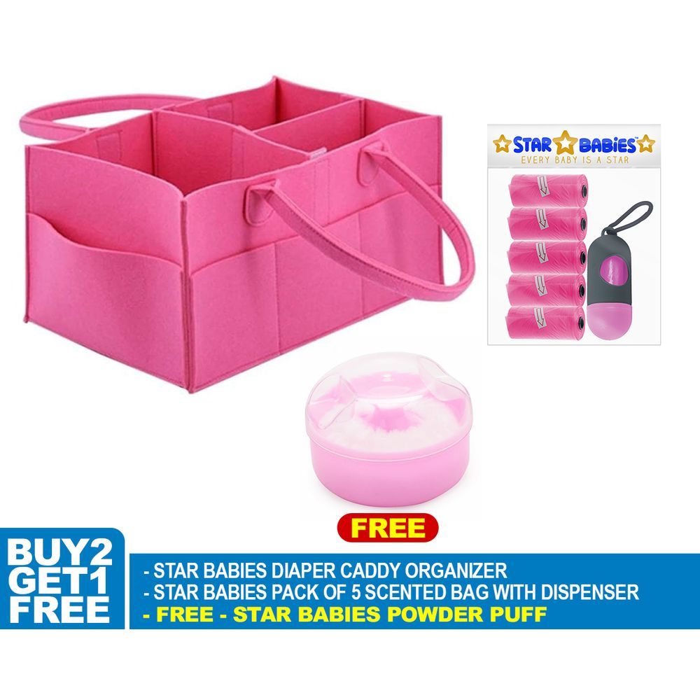 Star Babies - Diaper Caddy Organizer w/ Scented Bag Dispenser & Powder Puff - Pink