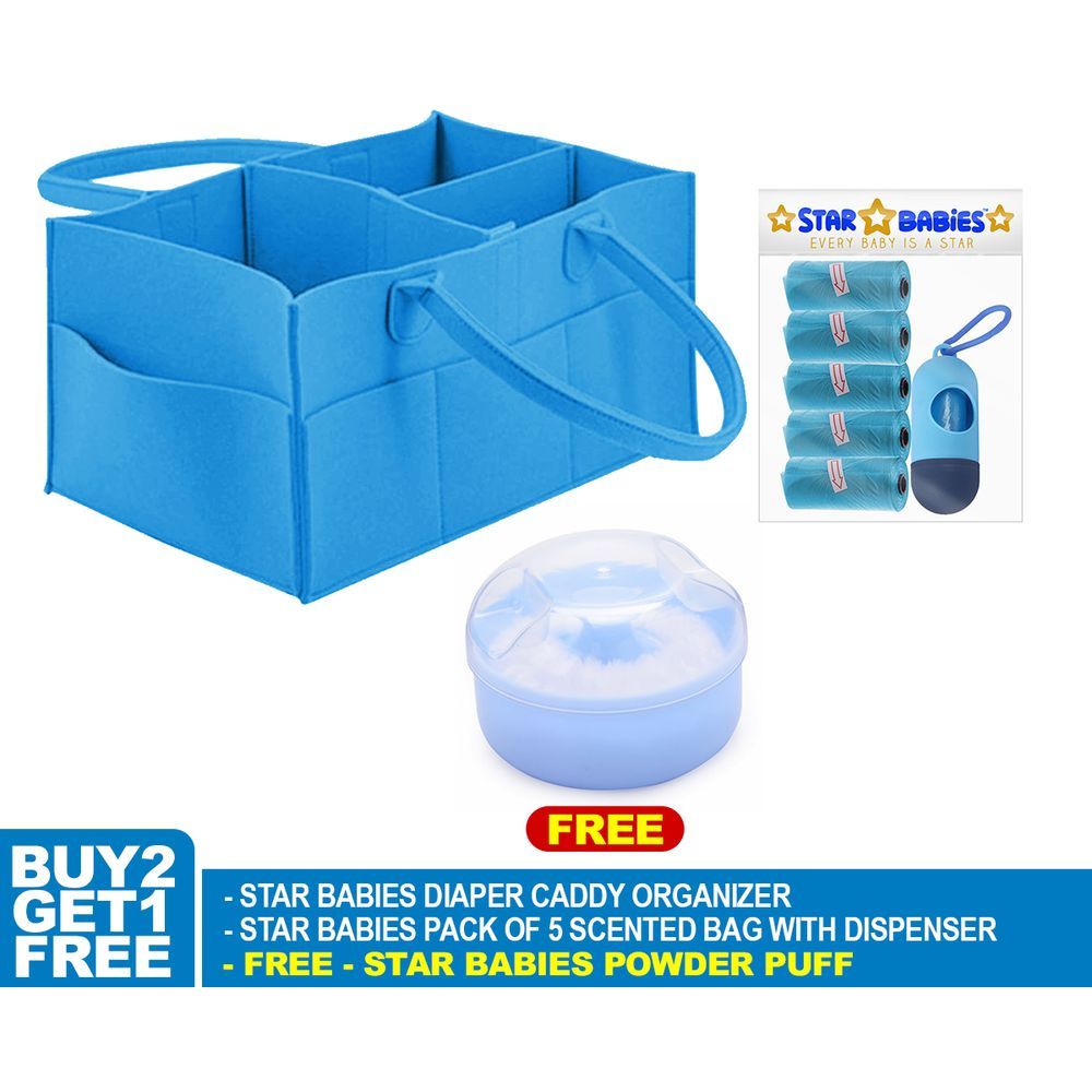 Star Babies - Diaper Caddy Organizer w/ Scented Bag Dispenser & Powder Puff - Blue