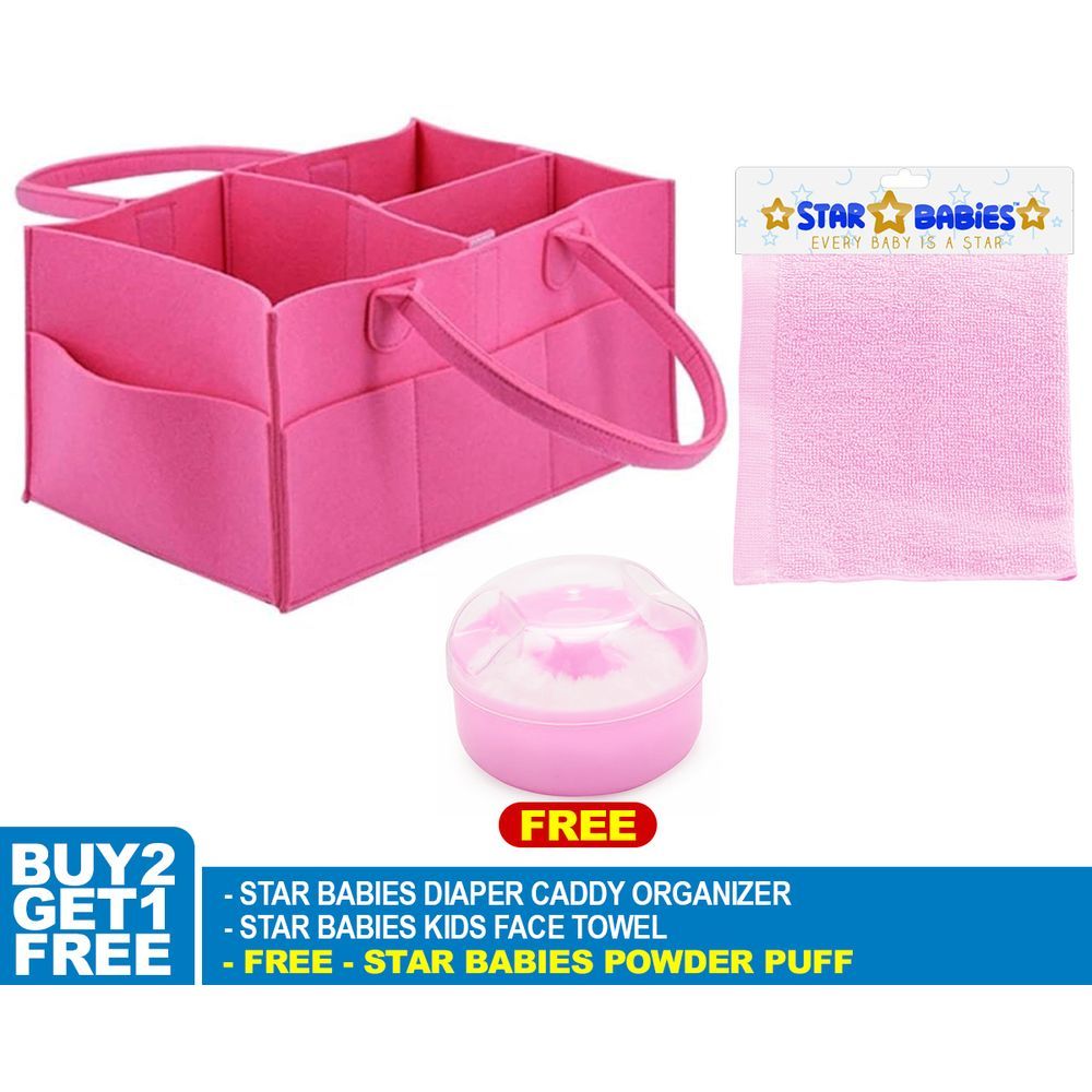 Star Babies - Diaper Caddy Organizer w/ Kids Face Towel & Powder Puff - Pink