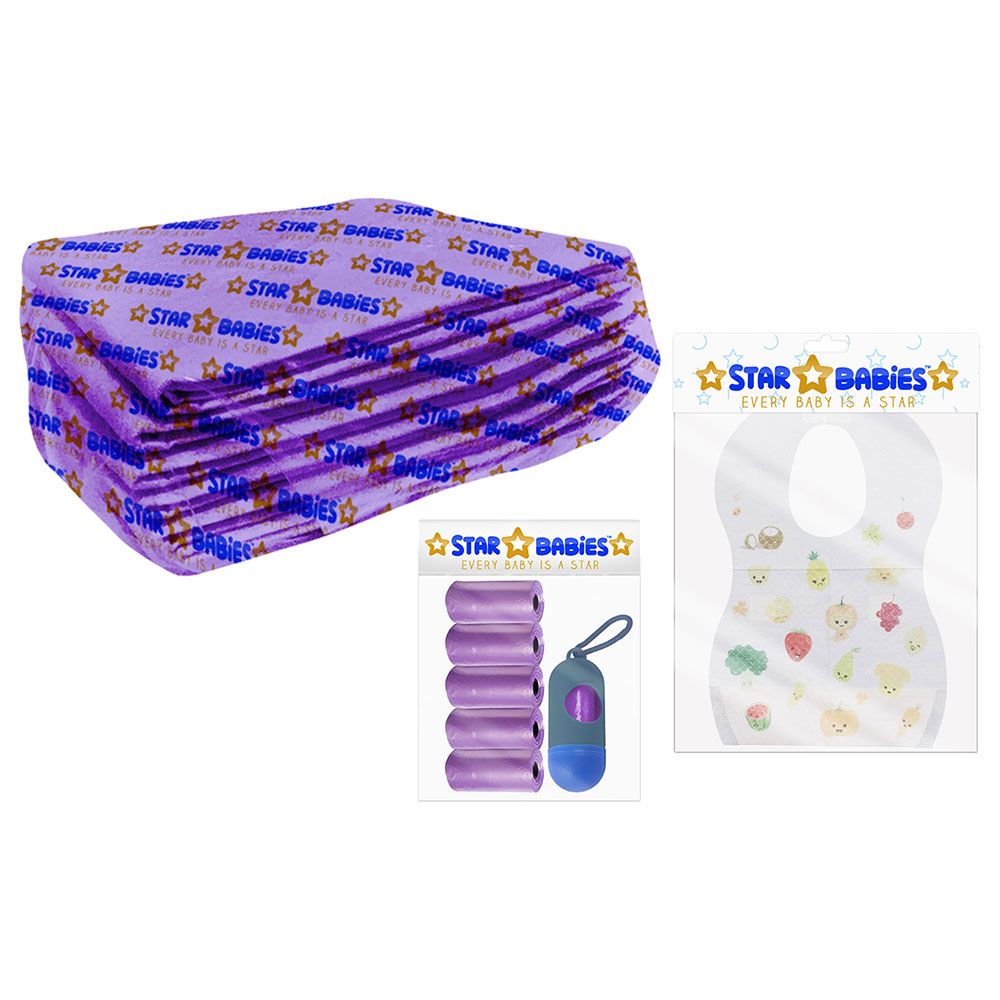 Star Babies - Changing Mats 12pcs w/ Scented Bag Dispenser & Disposable Bibs - Purple