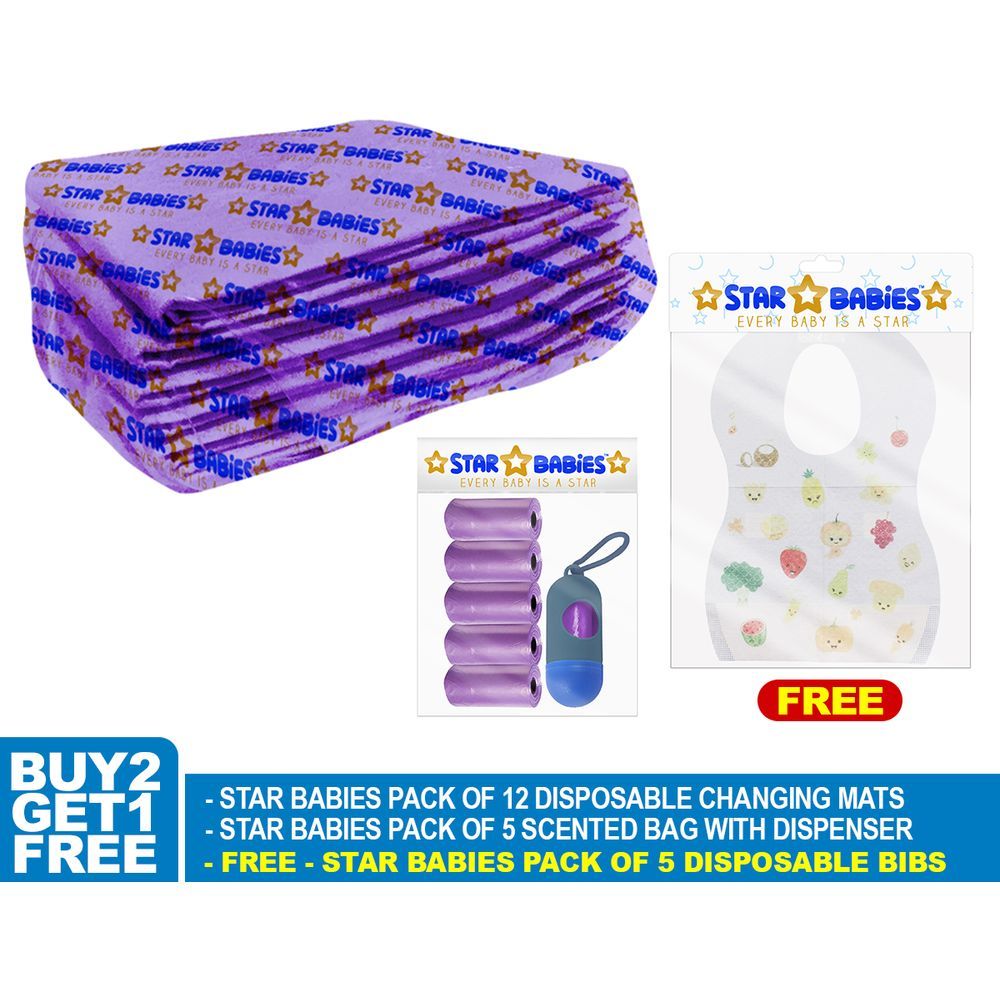 Star Babies - Changing Mats 12pcs w/ Scented Bag Dispenser & Disposable Bibs - Purple