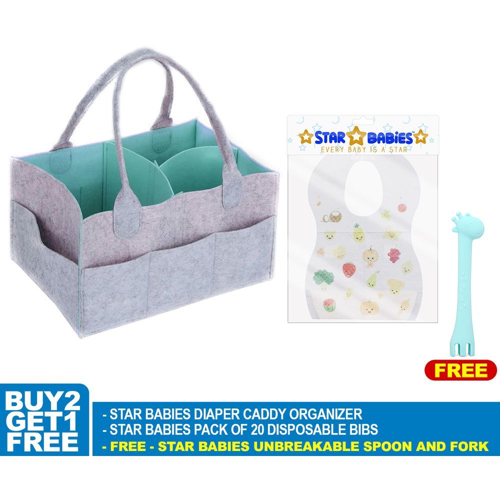 Star Babies - Diaper Caddy Organizer w/ Disposable Bibs & Unbreakable Spoon & Fork - Grey