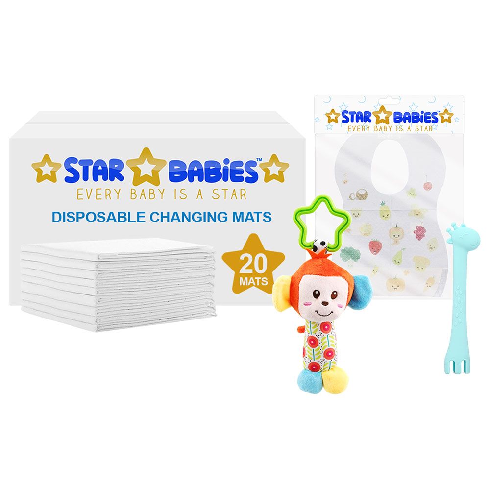 Star Babies - Changing Mat w/ Rattle Toy, Silicon Spoon & Bibs