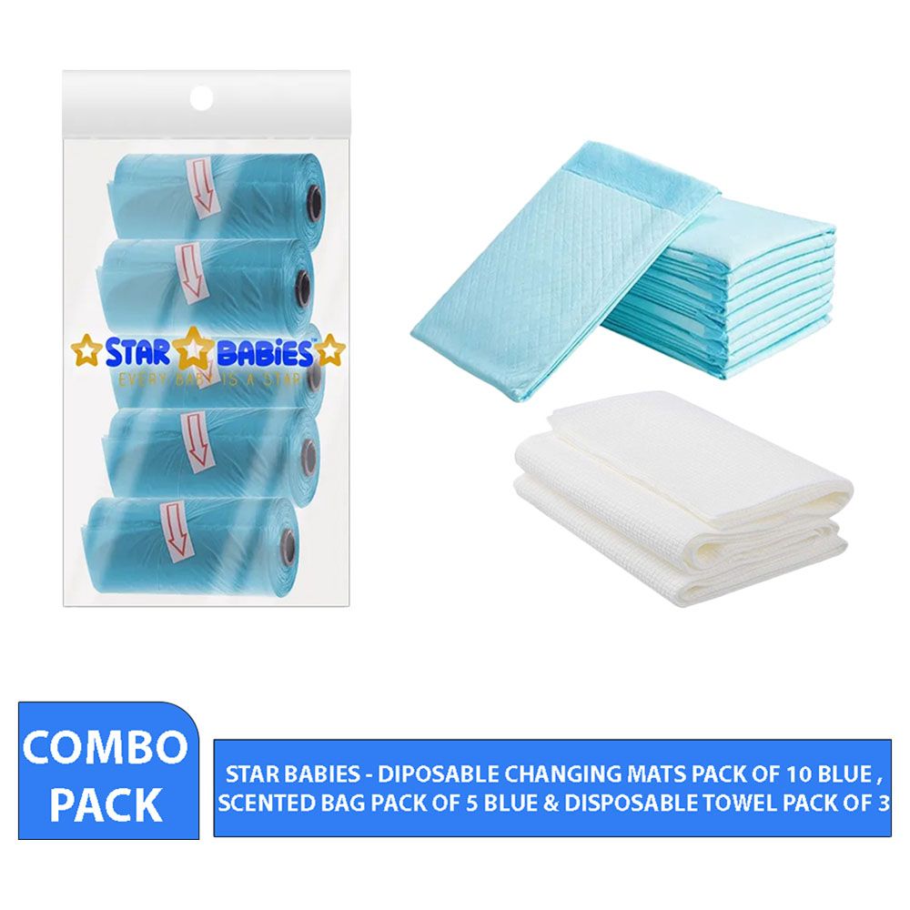 Star Babies - Disposable Changing Mat 10pcs & Disposable Towel 3pcs & Bibs 10pcs - Blue