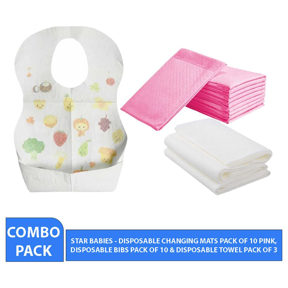 Star Babies - Disposable Changing Mat 10pcs & Disposable Towel 3pcs & Bibs 10pcs - Pink