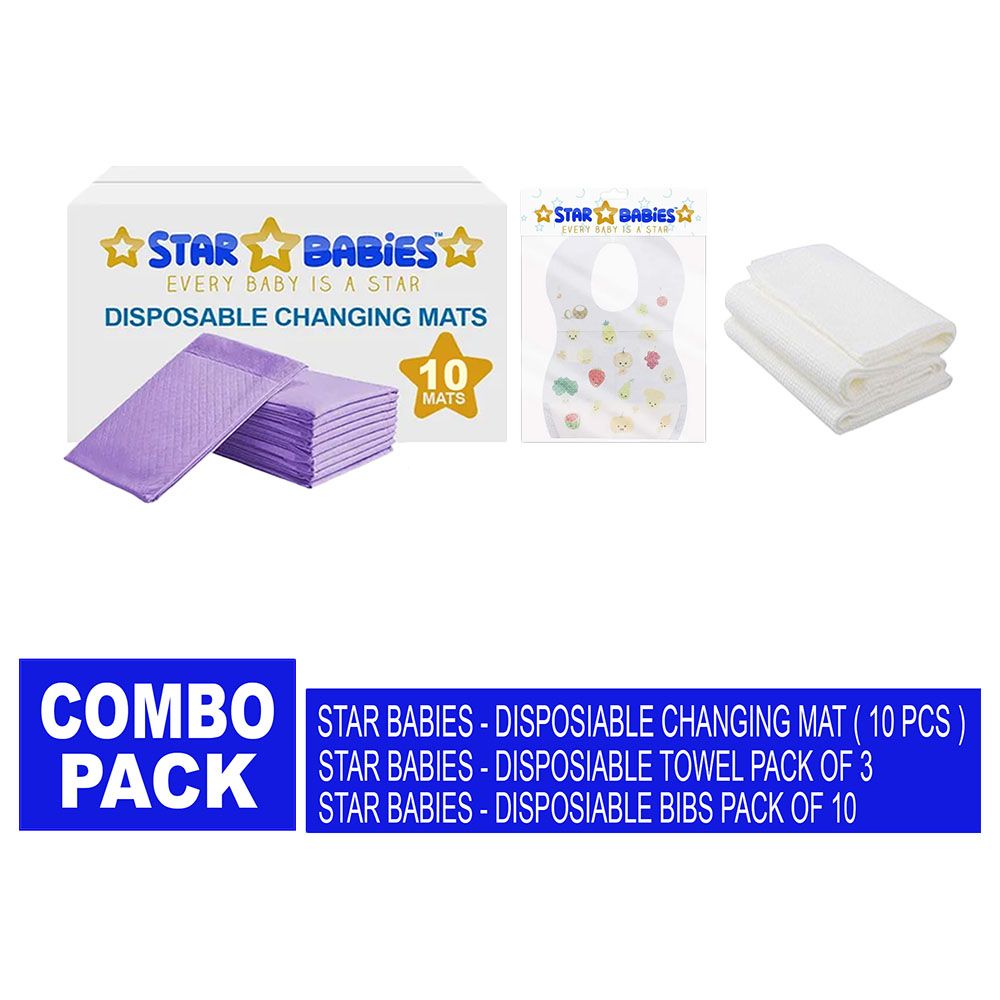 Star Babies - Disposable Changing Mat 10pcs & Disposable Towel 3pcs & Bibs 10pcs - Lavender