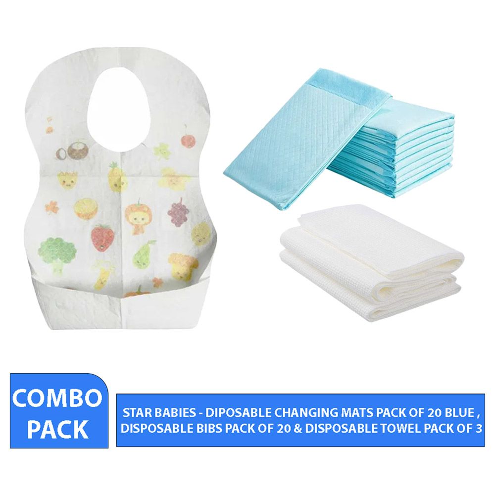 Star Babies - Disposable Changing Mat 20pcs & Disposable Towel 3pcs & Bibs 20pcs - Blue